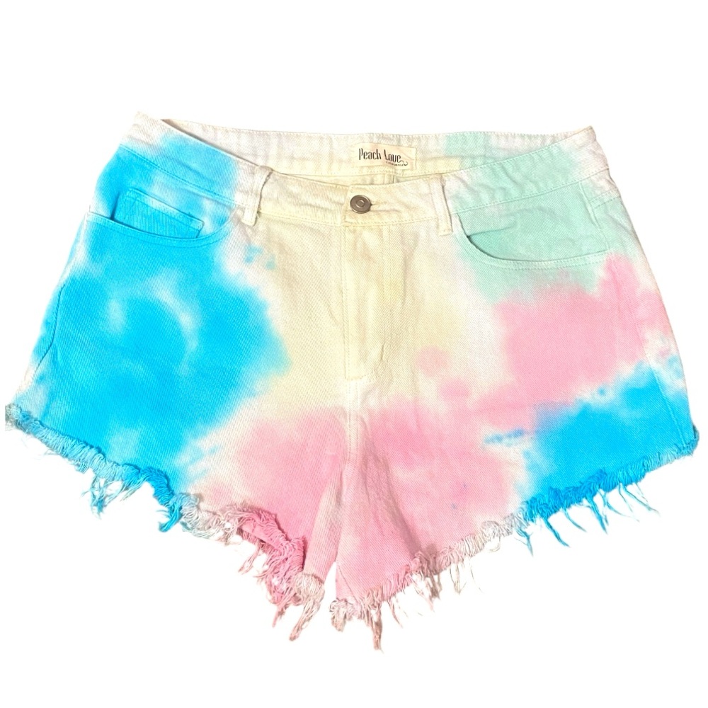 Peach Love California Tye Dyed Frayed High Waist Jean Shorts Size 8